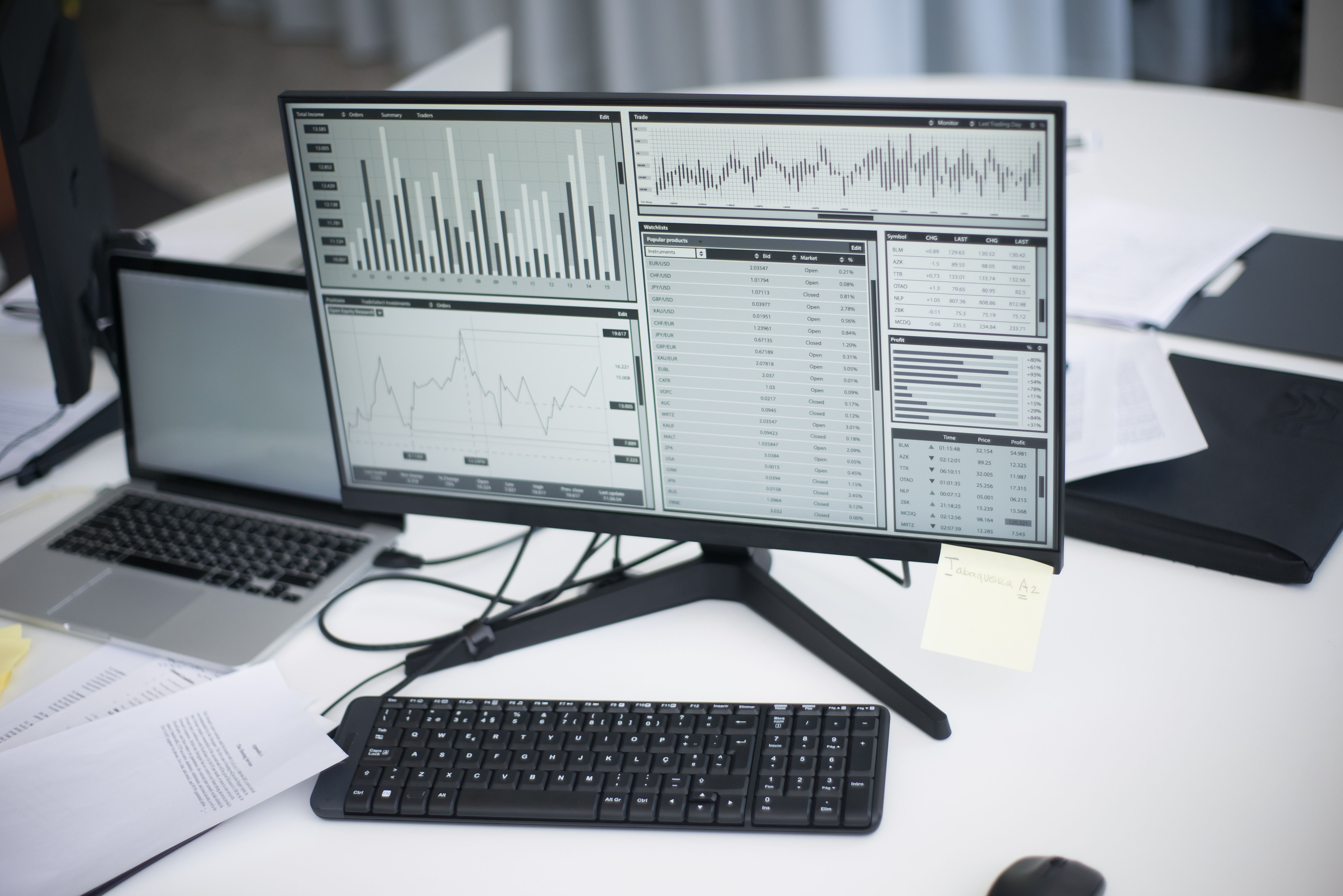 Professional workspace with computer monitors displaying analytical graphs, representing continuous Telegram impersonation monitoring.